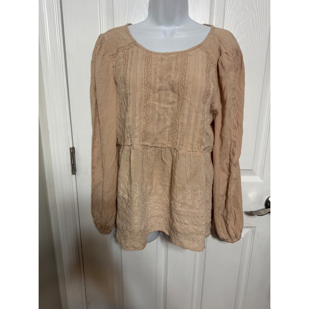 American Eagle Lace Trim Embroidered Peplum Blouse Tan Open Back Tie Size M